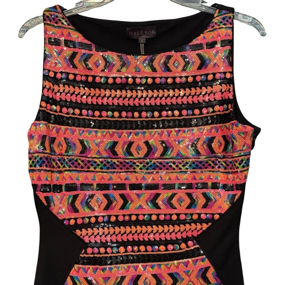 Hale Bob Sequin Bodycon Dress Small Black Tribal Print Sleeveless - Picture 2 of 8